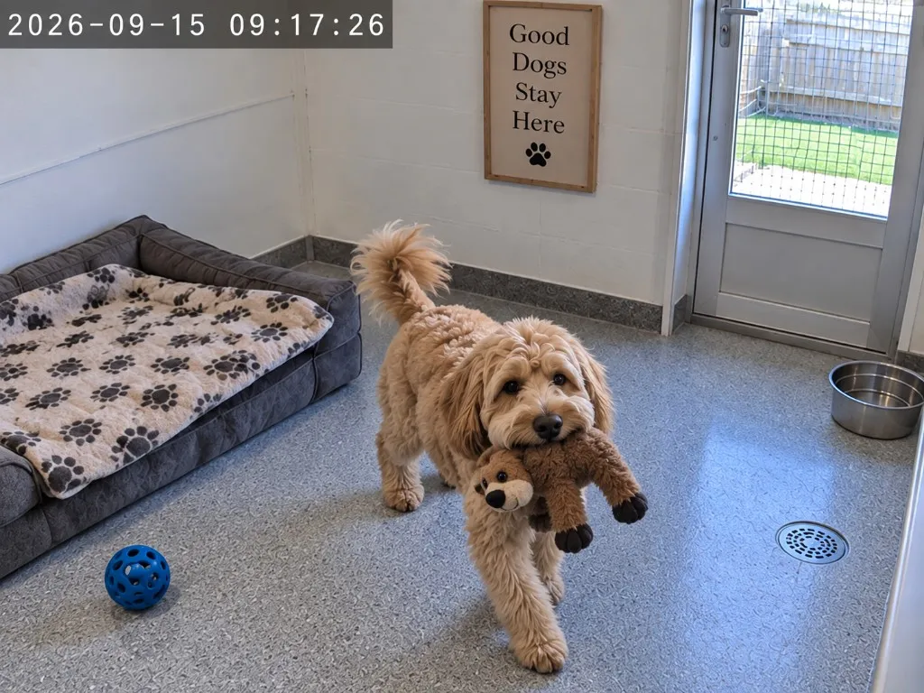 Bella carrying a toy in her kennel accommodation